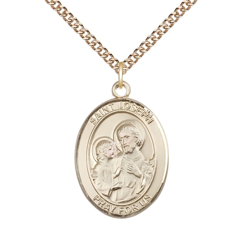 Bliss St Joseph 14kt Gold Engravable Large Oval Saint Medal with 14kt Gold Chain,
