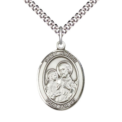 St Joseph Large Size Pewter Oval Engravable Medal Necklace with Chain, Bliss Manufacturing