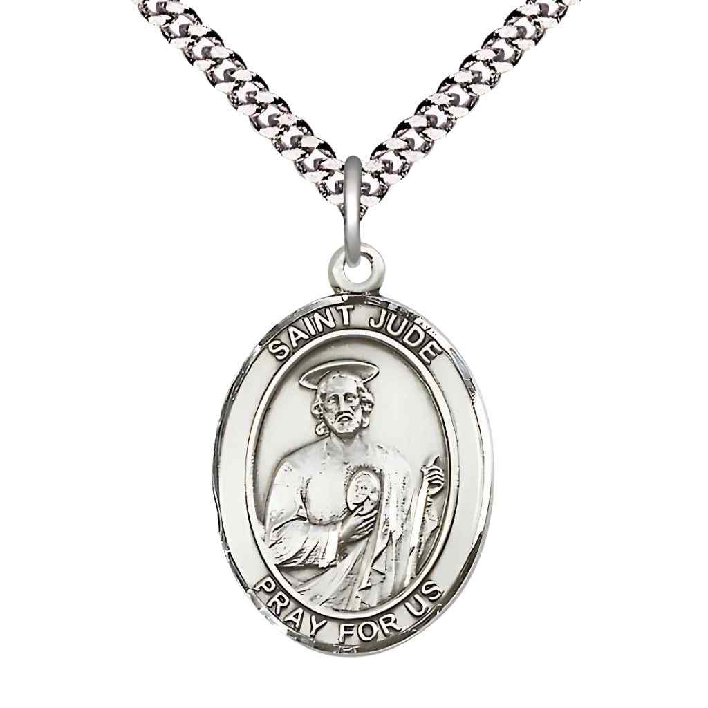 Large Saint Jude Thaddeus Pewter Oval Medal Pendant with 24" Rhodium-plated Curb Chain with Deluxe Gift Box | Bliss Manufacturing