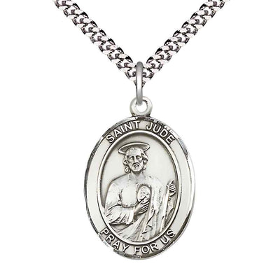 Large Saint Jude Thaddeus Pewter Oval Medal Pendant with 24" Rhodium-plated Curb Chain with Deluxe Gift Box | Bliss Manufacturing