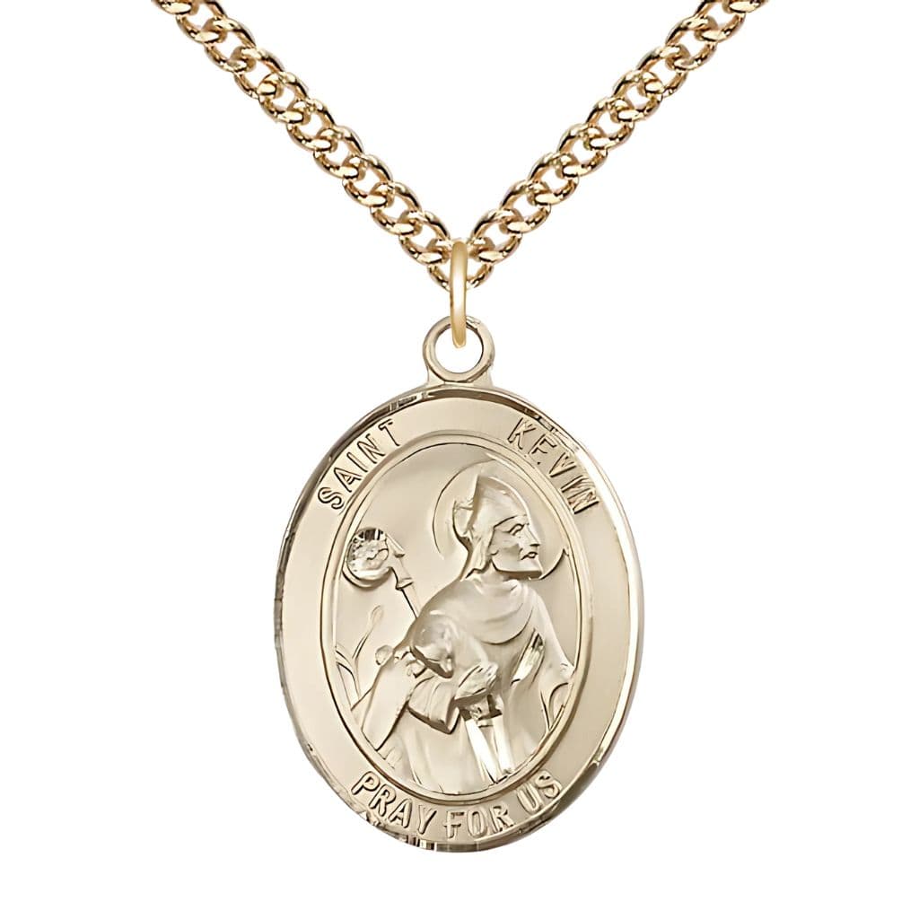 Bliss St. Kevin Gold-filled Oval Engravable Medal Necklace, 1-inch, Gold-filled Chain,
