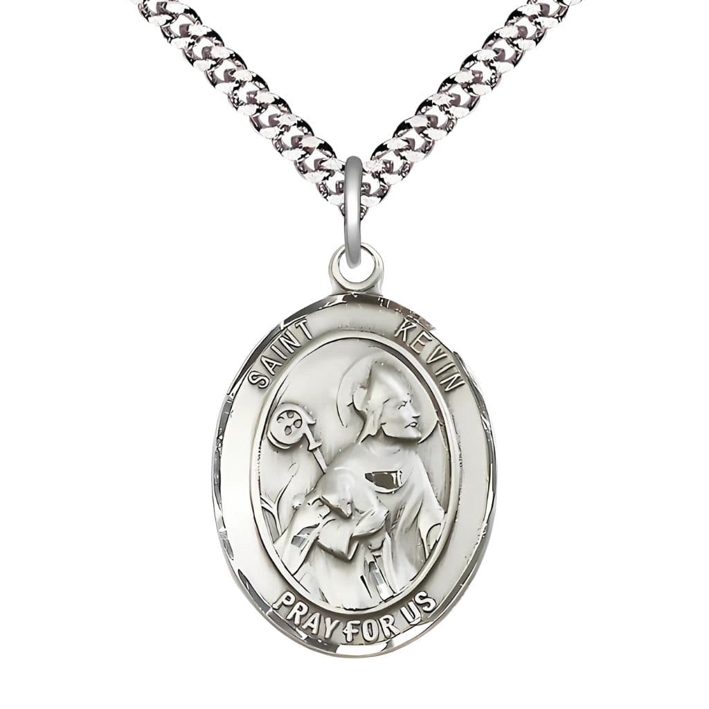 Bliss St. Kevin Pewter Oval Engravable Medal with Rhodium-plated Chain, 1-inch,