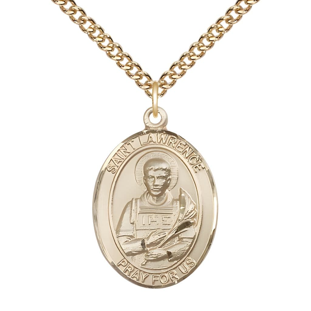 Bliss St. Lawrence 14kt Gold Oval Medal Pendant with 14kt Gold Chain, Measures 1-inch tall by 3/4-inch wide.