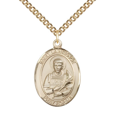 St. Lawrence 14kt Gold Oval Medal Pendant with 14kt Gold Chain, Measures 1-inch tall by 3/4-inch wide, Bliss Manufacturing