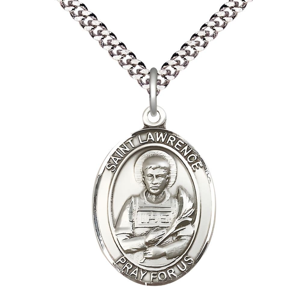 Bliss St. Lawrence Pewter Oval Medal Pendant with Rhodium-plated Chain, Measures 1-inch tall by 3/4-inch wide.