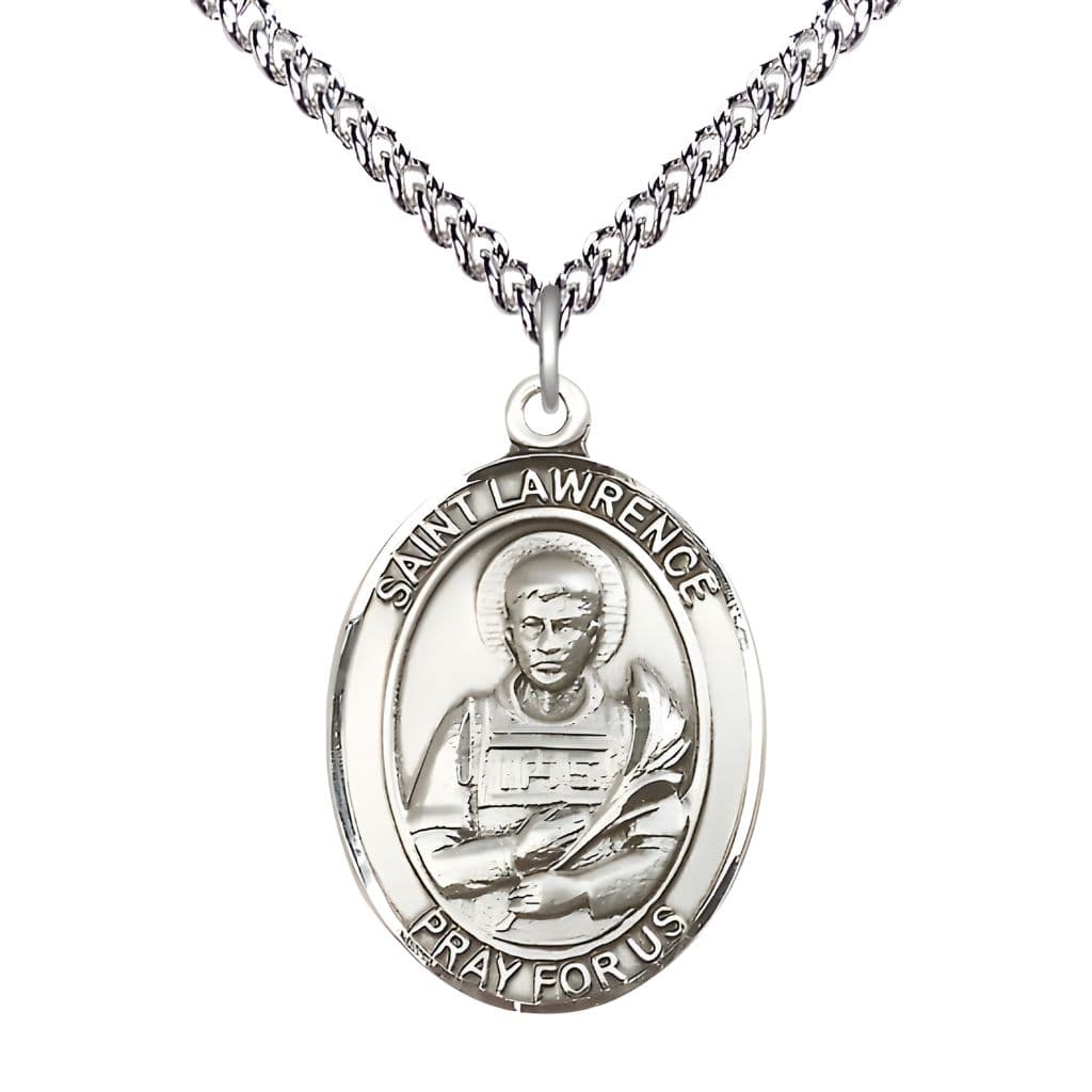 Bliss St. Lawrence Sterling Silver Oval Medal Pendant with Sterling Chain, Measures 1-inch tall by 3/4-inch wide.