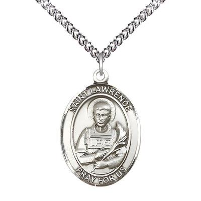 St. Lawrence Sterling Silver Oval Medal Pendant with Sterling Chain, Measures 1-inch tall by 3/4-inch wide, Bliss Manufacturing