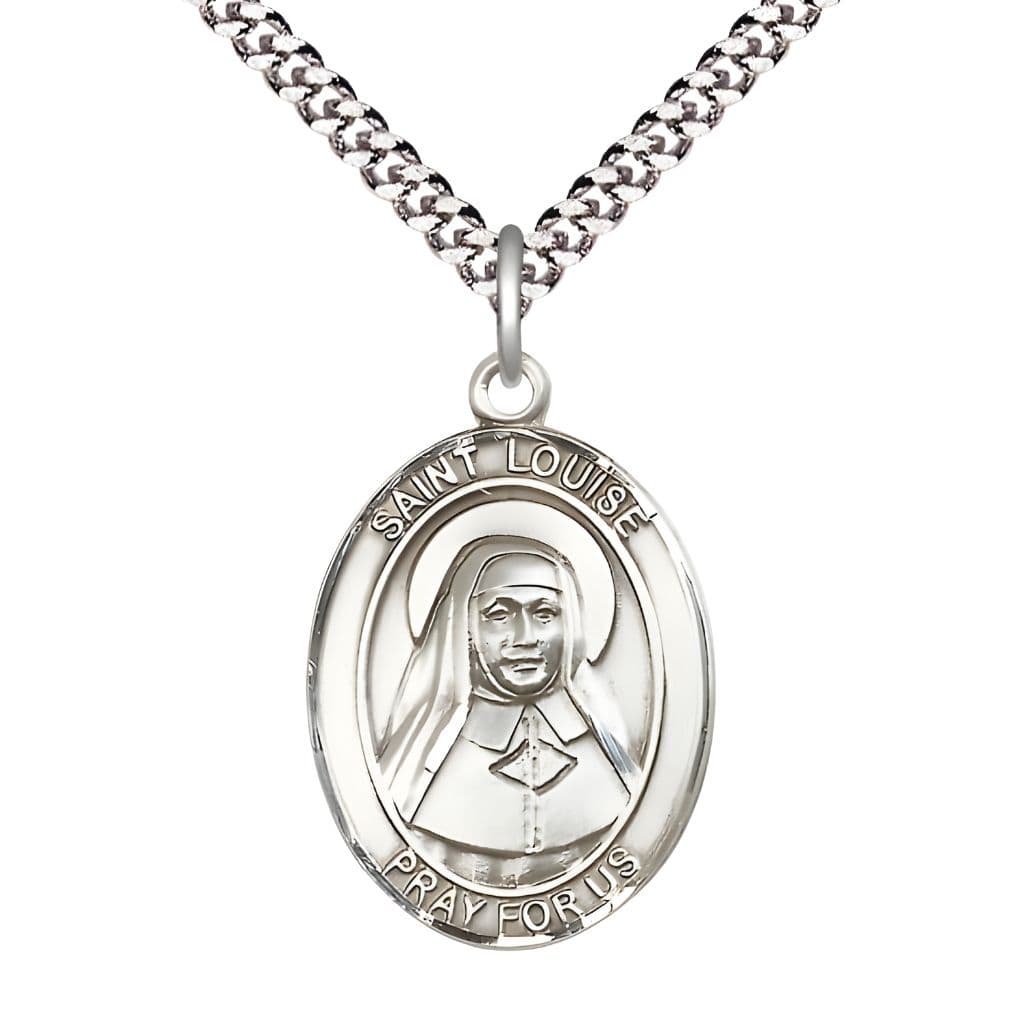 Bliss St. Louise de Marillac Sterling Silver Oval Medal Pendant with Rhodium-plated Chain, Measures 1-inch tall by 3/4-inch wide.