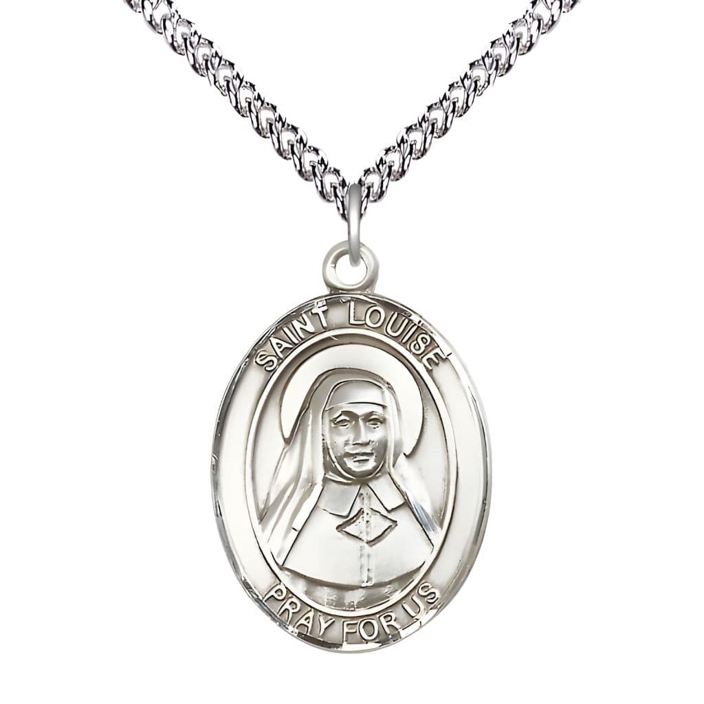 Bliss St. Louise de Marillac Sterling Silver Oval Medal Pendant with Sterling Chain, Measures 1-inch tall by 3/4-inch wide.