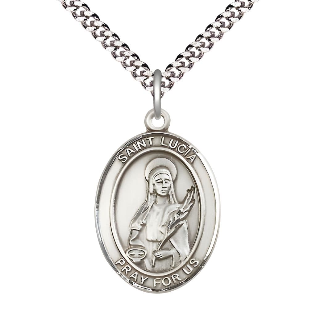 Bliss St.  Lucia of Syracuse  Pewter Oval Medal Pendant with Rhodium-plated Chain, Measures 1-inch tall by 3/4-inch wide.