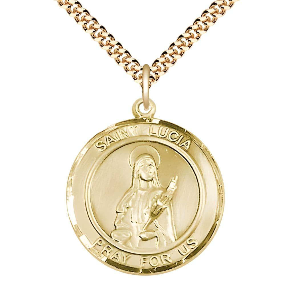Bliss St.  Lucia of Syracuse  14kt Gold-filled Round Medal Pendant with Gold-plated Chain, Measures 1-inch tall by 7/8-inch wide.