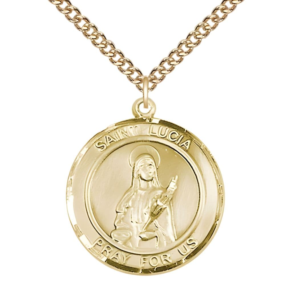 Bliss St.  Lucia of Syracuse  14kt Gold-filled Round Medal Pendant with Gold-filled Chain, Measures 1-inch tall by 7/8-inch wide.
