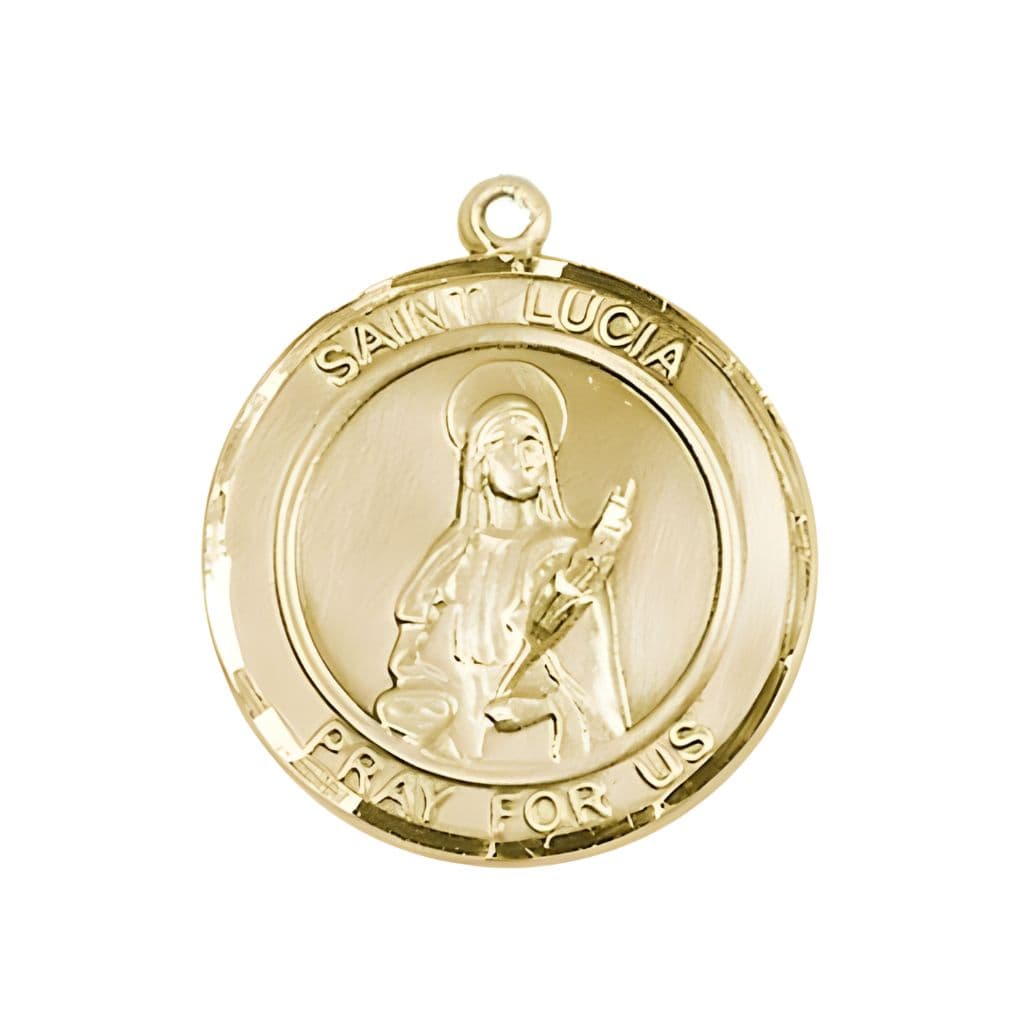 Bliss St.  Lucia of Syracuse  14kt Gold Round Medal Pendant, Measures 1-inch tall by 7/8-inch wide.