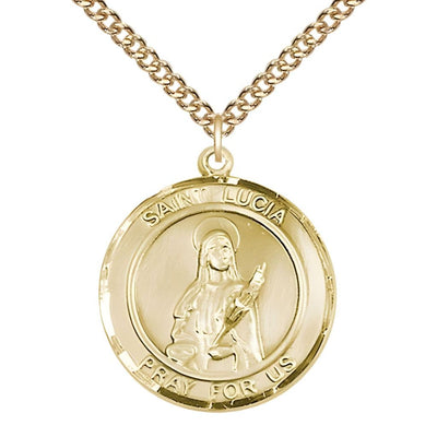 St. Lucia of Syracuse 14kt Gold Round Medal Pendant with 14kt Gold Chain, Measures 1-inch tall by 7/8-inch wide, Bliss Manufacturing