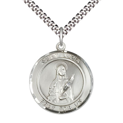 St. Lucia of Syracuse Sterling Silver Round Medal Pendant with Rhodium-plated Chain, Measures 1-inch tall by 7/8-inch wide, Bliss Manufacturing