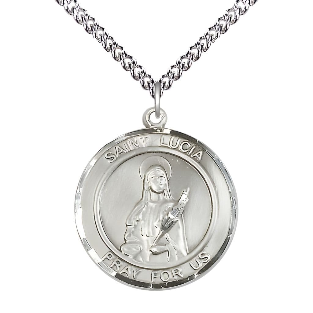 Bliss St.  Lucia of Syracuse  Sterling Silver Round Medal Pendant with Sterling Chain, Measures 1-inch tall by 7/8-inch wide.