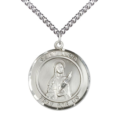 St. Lucia of Syracuse Sterling Silver Round Medal Pendant with Sterling Chain, Measures 1-inch tall by 7/8-inch wide, Bliss Manufacturing