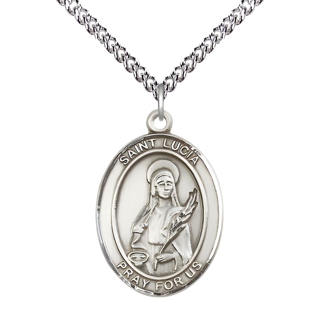 Bliss St.  Lucia of Syracuse  Sterling Silver Oval Medal Pendant with Sterling Chain, Measures 1-inch tall by 3/4-inch wide.