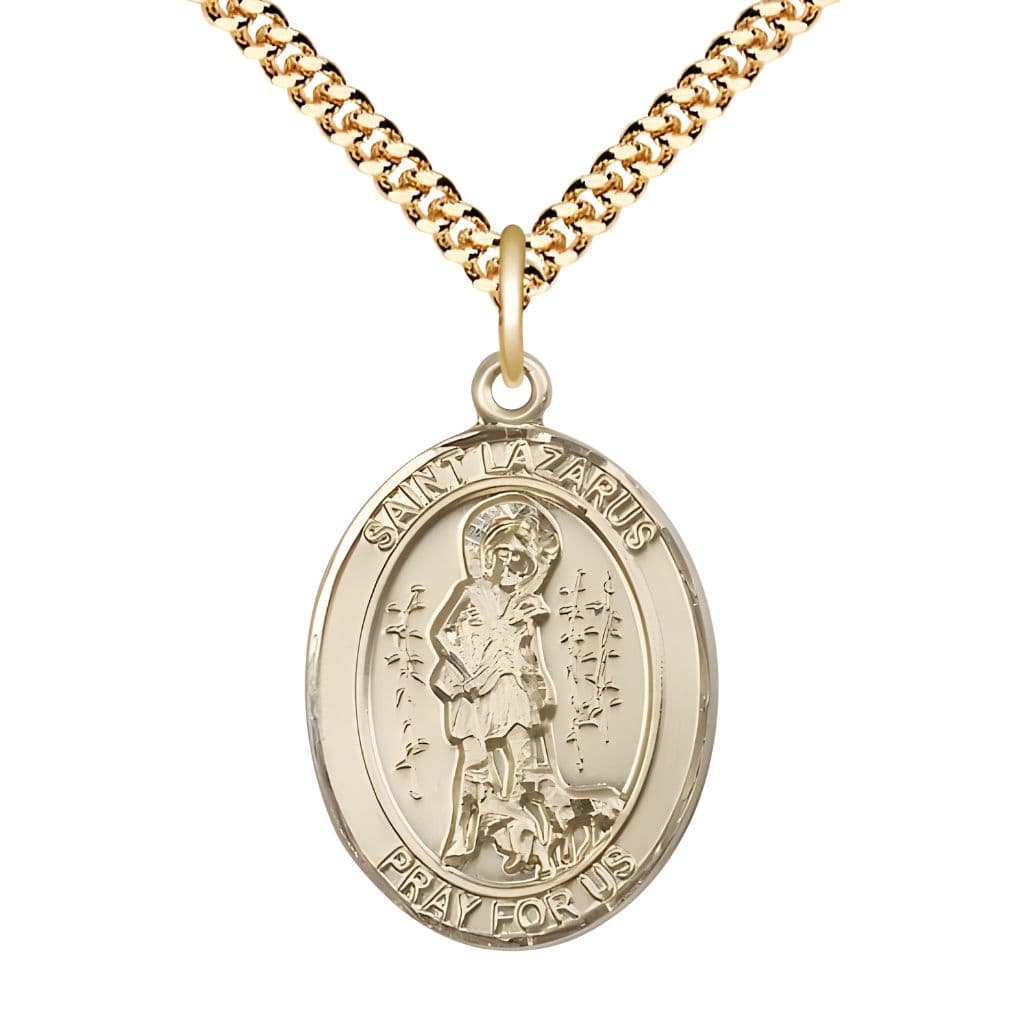 Bliss St. Lazarus 14kt Gold-filled Oval Medal Pendant with Gold-plated Chain, Measures 1-inch tall by 3/4-inch wide.