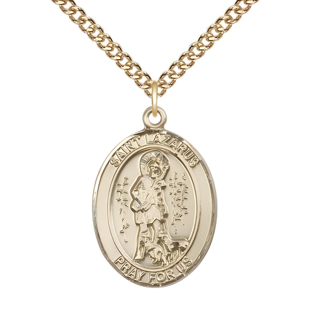 Bliss St. Lazarus 14kt Gold-filled Oval Medal Pendant with Gold-filled Chain, Measures 1-inch tall by 3/4-inch wide.