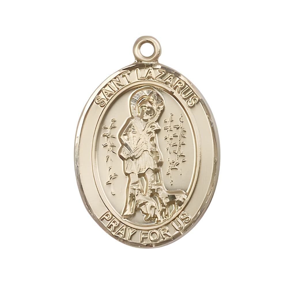 Bliss St. Lazarus 14kt Gold Oval Medal Pendant, Measures 1-inch tall by 3/4-inch wide.