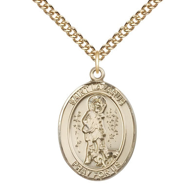 St. Lazarus 14kt Gold Oval Medal Pendant with 14kt Gold Chain, Measures 1-inch tall by 3/4-inch wide, Bliss Manufacturing