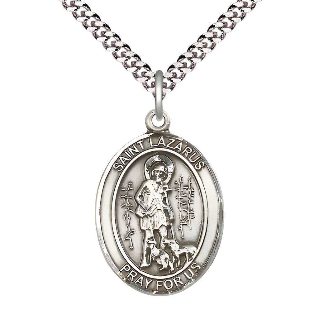 Bliss St. Lazarus Pewter Oval Medal Pendant with Rhodium-plated Chain, Measures 1-inch tall by 3/4-inch wide.