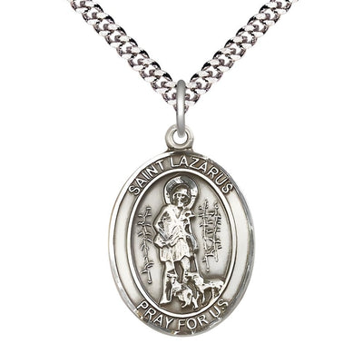 St. Lazarus Pewter Oval Medal Pendant with Rhodium-plated Chain, Measures 1-inch tall by 3/4-inch wide, Bliss Manufacturing