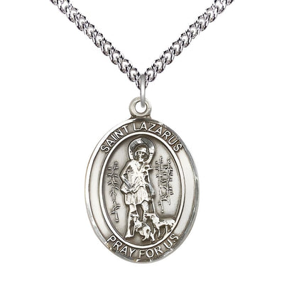 St. Lazarus Sterling Silver Oval Medal Pendant with Sterling Chain, Measures 1-inch tall by 3/4-inch wide, Bliss Manufacturing