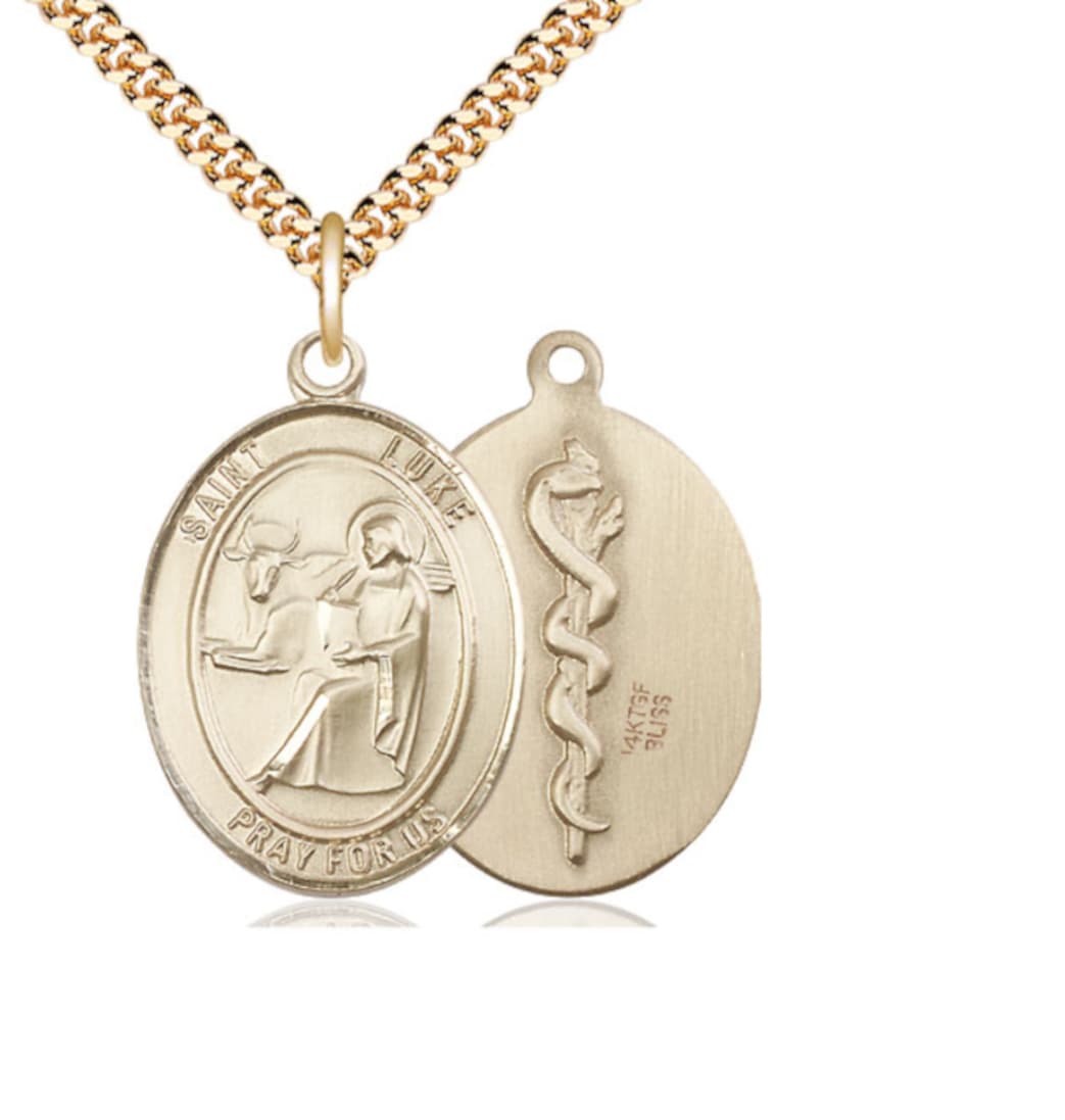 Bliss St Luke the Apostle with Doctor Symbol Gold-filled Large Medal with Plated Chain,