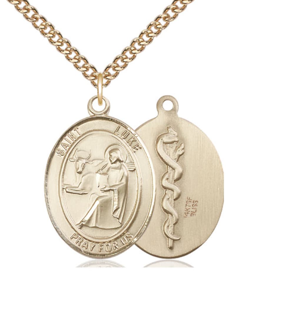 Bliss St Luke the Apostle with Doctor Symbol Gold-filled Large Medal with Gold-filled Chain,