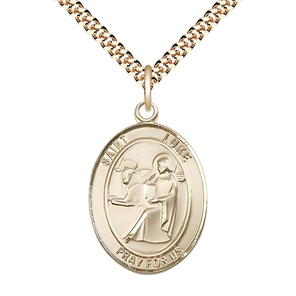 Bliss St. Luke the Apostle 14kt Gold-filled Oval Medal Pendant with Gold-plated Chain, Measures 1-inch tall by 3/4-inch wide.