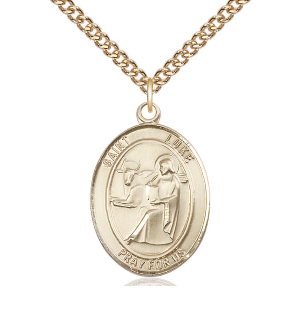 Bliss St Luke the Apostle Gold-filled Large Oval Engravable Medal Necklace with Gold-filled Chain,