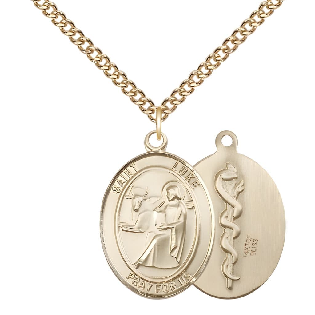 Bliss St. Luke the Apostle Doctor 14kt Gold Oval Medal Pendant with 14kt Gold Chain, Measures 1-inch tall by 3/4-inch wide.