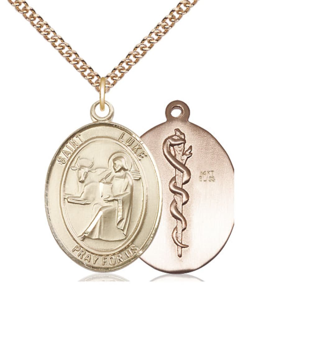 Bliss St Luke the Apostle/Doctor Symbol on Back 14kt Gold Large Medal with 14kt Gold Chain,