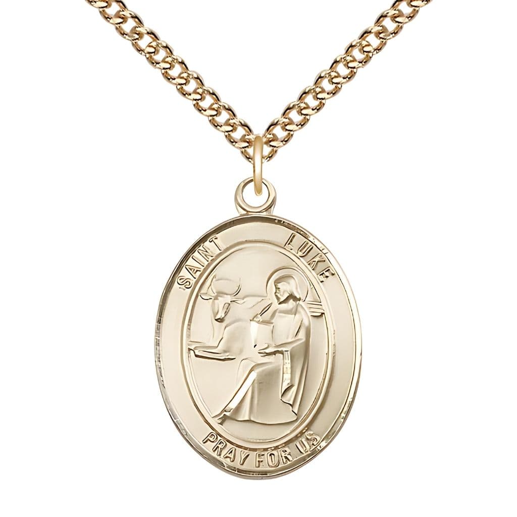 Bliss St. Luke the Apostle 14kt Gold Oval Medal Pendant with 14kt Gold Chain, Measures 1-inch tall by 3/4-inch wide.