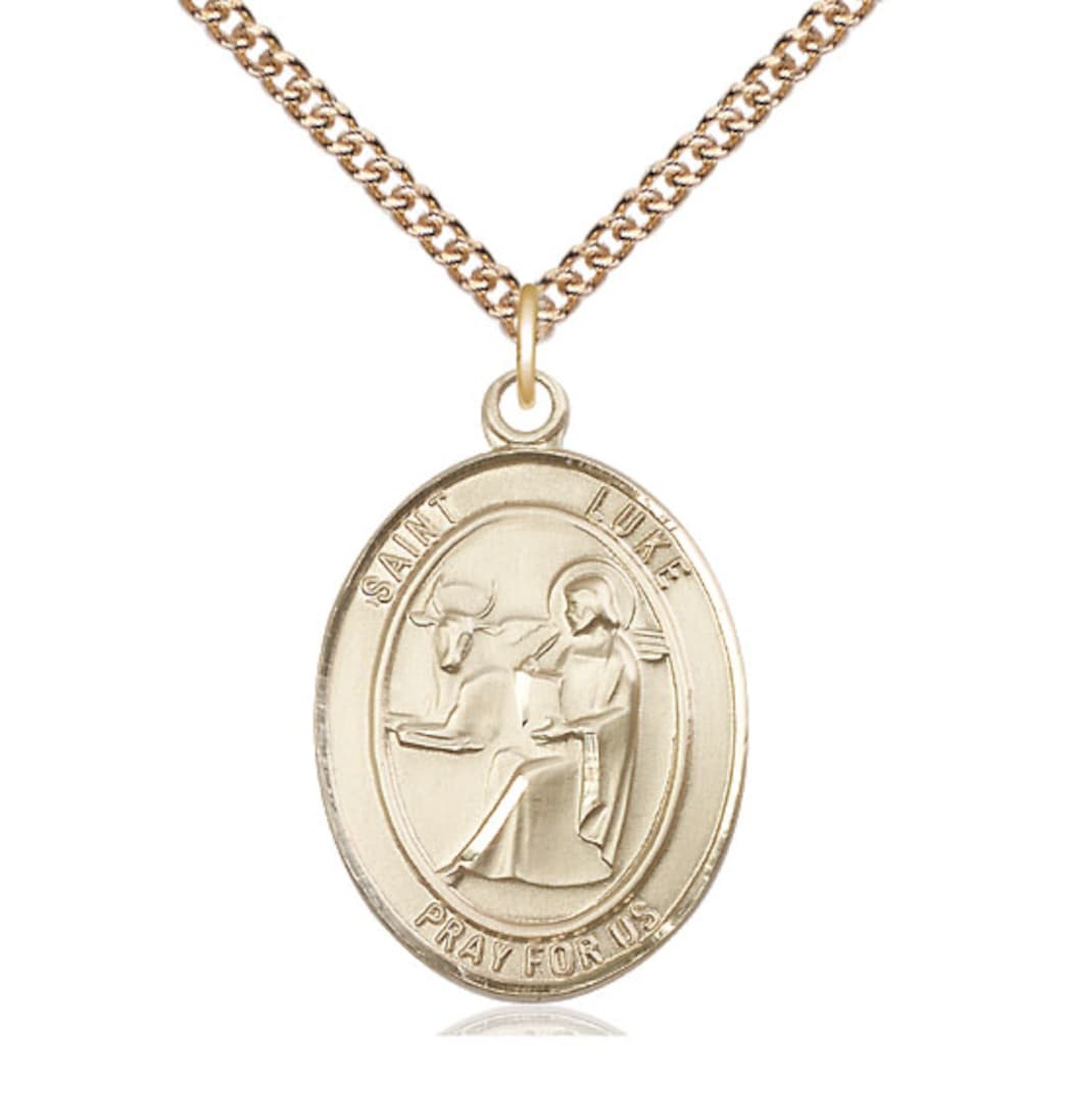 Bliss Manufacturing St Luke the Apostle 14kt Gold Engravable Oval Large Medal with Chain,