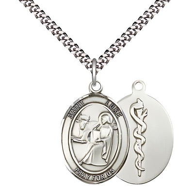 St. Luke the Apostle Doctor Pewter Oval Medal Pendant with Rhodium-plated Chain, Measures 1-inch tall by 3/4-inch wide, Bliss Manufacturing
