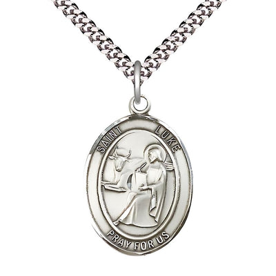 St. Luke the Apostle Pewter Oval Medal Pendant with Rhodium-plated Chain, Measures 1-inch tall by 3/4-inch wide, Bliss Manufacturing