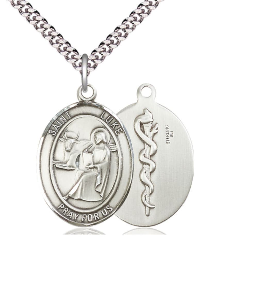 Bliss St Luke the Apostle with Doctor Symbol Sterling Silver Large Medal with Plated Chain,