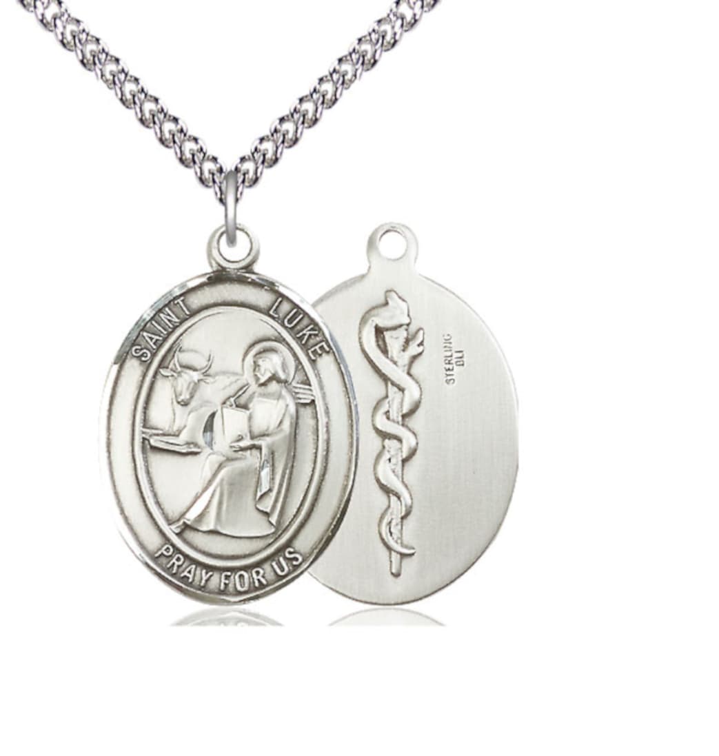 Bliss St Luke the Apostle with Doctor Symbol Sterling Silver Large Medal with Sterling Silver Chain,