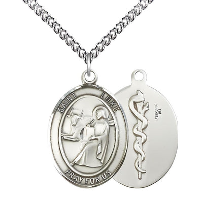 St. Luke the Apostle Doctor Sterling Silver Oval Medal Pendant with Sterling Chain, Measures 1-inch tall by 3/4-inch wide, Bliss Manufacturing