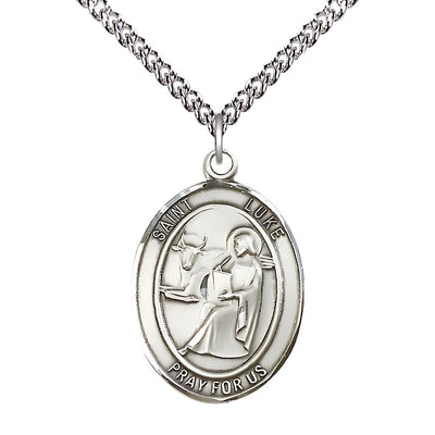 St. Luke the Apostle Sterling Silver Oval Medal Pendant with Sterling Silver Chain, Measures 1-inch tall by 3/4-inch wide, Bliss Manufacturing