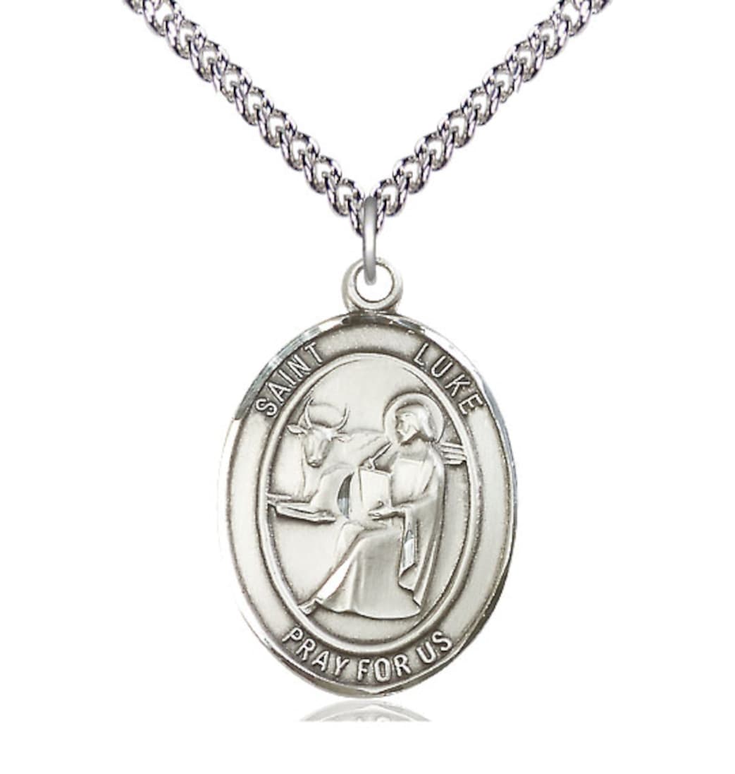 Bliss St Luke the Apostle Sterling Silver Large Oval Engravable Medal Necklace with Sterling Chain,