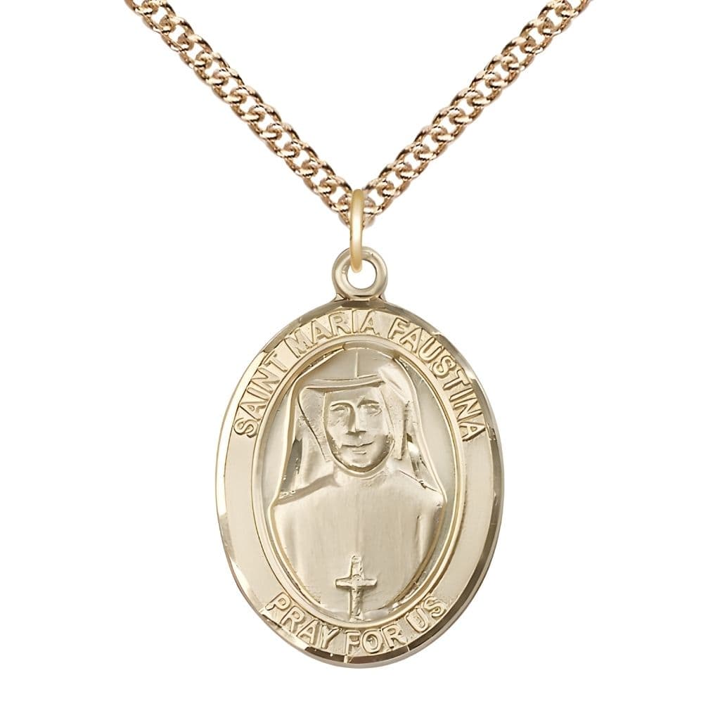 Bliss St. Maria Faustina 14kt Gold Oval Medal with 14kt Gold Chain, USA Made, 1" tall x 3/4" wide