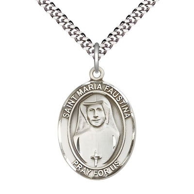 St. Maria Faustina Pewter Oval Medal with Rhodium-plated Chain, USA Made, 1" tall x 3/4" wide, Bliss Manufacturing