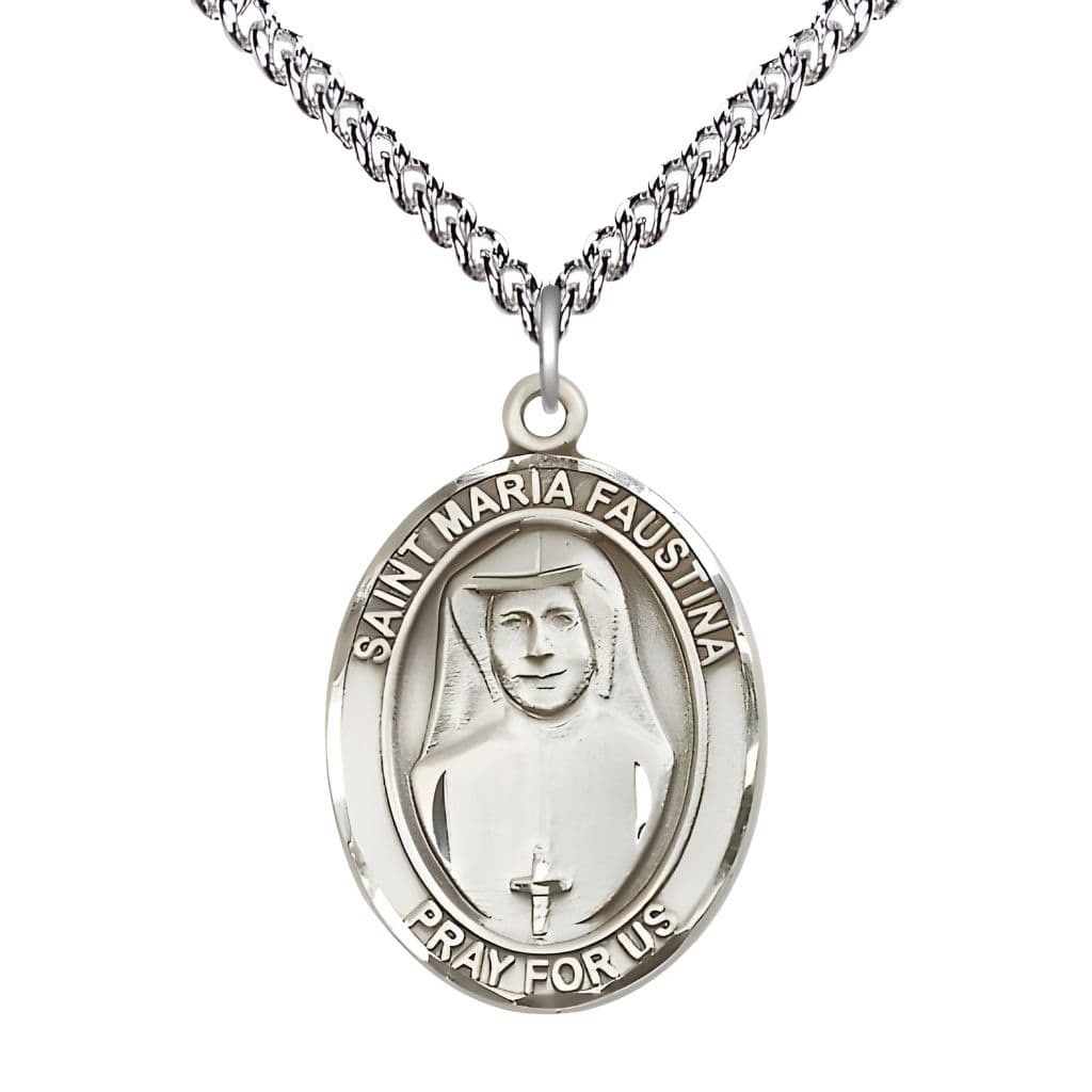 Bliss St. Maria Faustina Sterling Silver Oval Medal with Sterling Silver Chain, USA Made, 1" tall x 3/4" wide