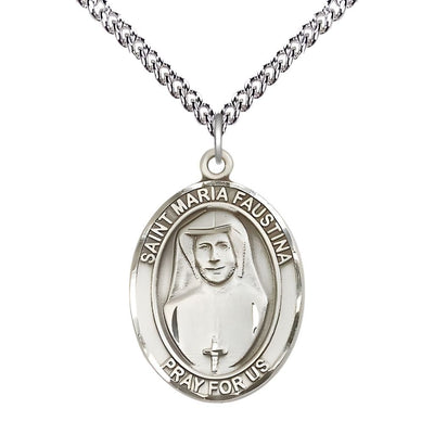 St. Maria Faustina Sterling Silver Oval Medal with Sterling Silver Chain, USA Made, 1" tall x 3/4" wide, Bliss Manufacturing