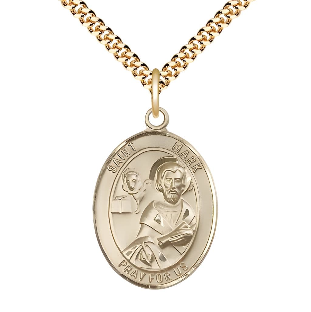 Bliss St. Mark the Evangelist 14kt Gold-filled Oval Medal Pendant with Gold-plated Chain, Measures 1-inch tall by 3/4-inch wide.