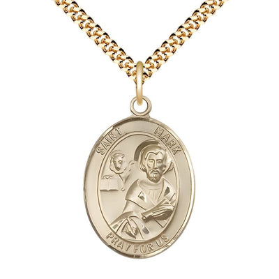 St. Mark the Evangelist 14kt Gold-filled Oval Medal Pendant with Gold-plated Chain, Measures 1-inch tall by 3/4-inch wide, Bliss Manufacturing
